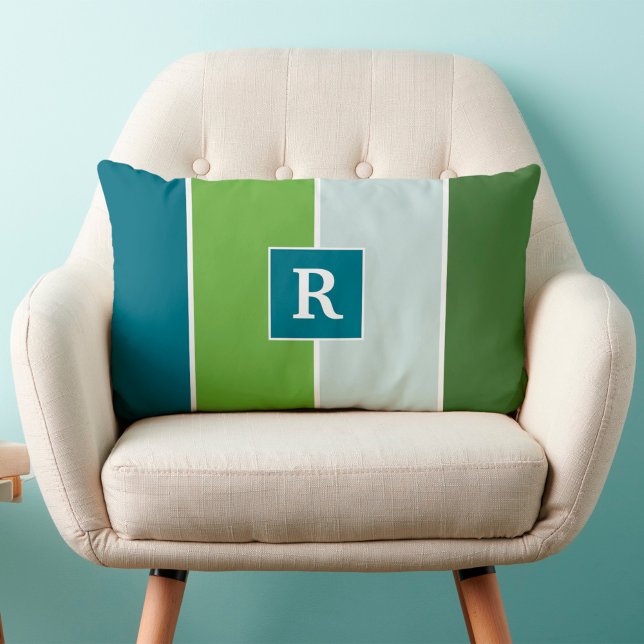 Almofada Lombar Grandes tiras em azul e verde com Monograma (pillow in blue and green stripes with monogram)