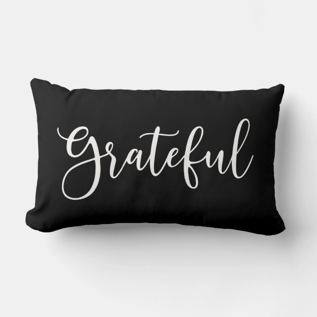Almofada Lombar Grateful de script preto e branco do outono (Frente)