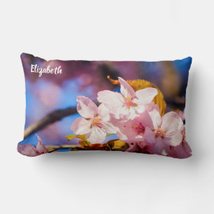 Almofada Lombar Grupo De Flores Sakura, Rosa Suave, Fundo Azul