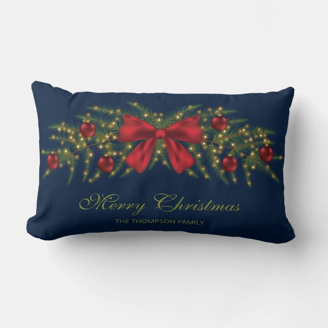 Almofada Lombar Guirlanda de Natal Com Um Laço Vermelho e Enfeites (Frente)