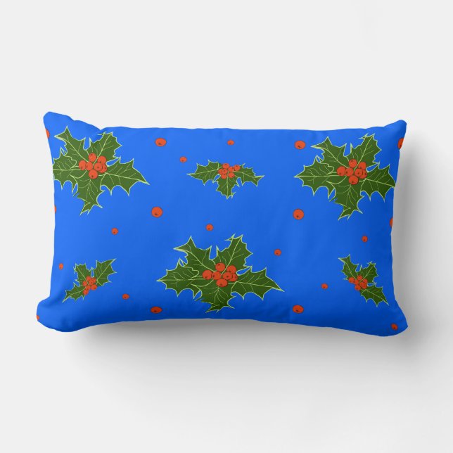 Almofada Lombar Holly (Ilex) Motif de Natal em Fundo Azul (Frente)