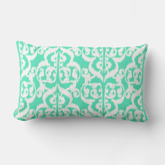 Almofada Lombar Ikat Moorish Damask - aqua e branco (Frente)