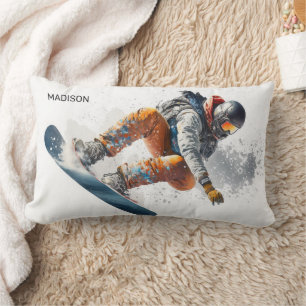 Almofada Lombar Ilustração de Snowboarder de Nome Personalizado