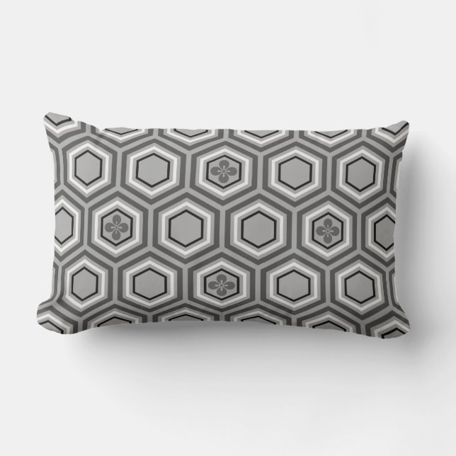 Almofada Lombar Impressão de Kimono Hexagonal, Cinza e Branco (Frente)