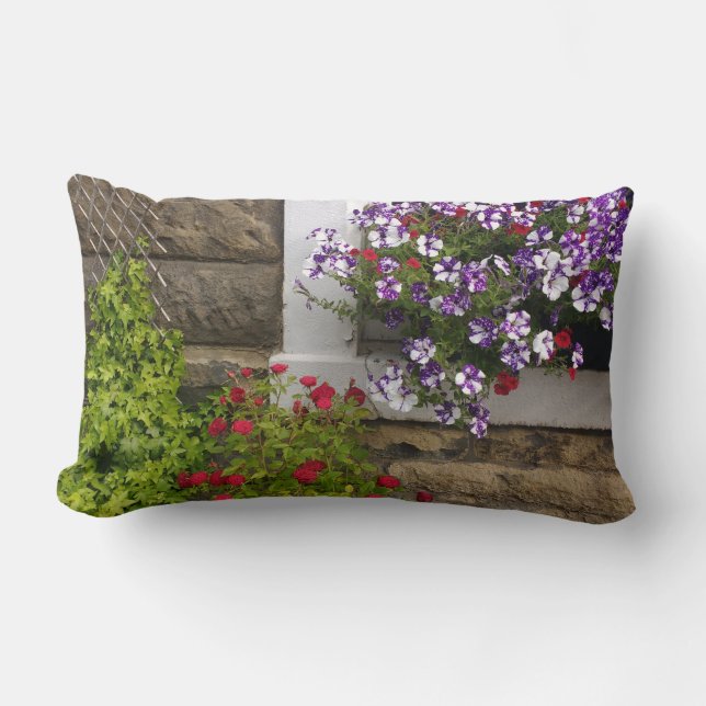 Almofada Lombar Janela escocesa de algodão com petúnias e rosas (Frente)