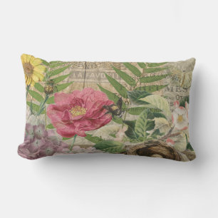 Almofada Lombar Jardim Floral Ninho de Pássaro Arte Flor Borboleta