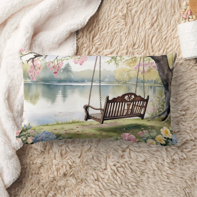 Almofada Lombar Lakeside Swing em Jardim Romântico de Aquarela (Cobertor)