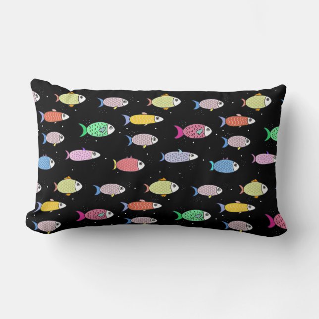 Almofada Lombar Lindo Peixe Multicolorido em Preto (Frente)