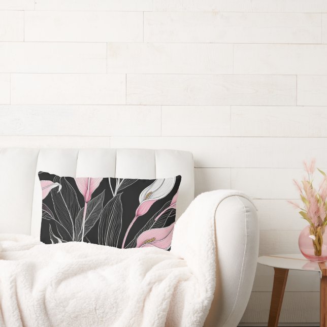 Almofada Lombar Lírios Brancos, Pretos e Rosa (Sofá)