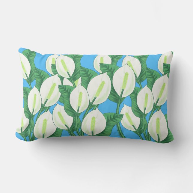 Almofada Lombar Lírios de paz brancos em fundo azul pálido (Frente)
