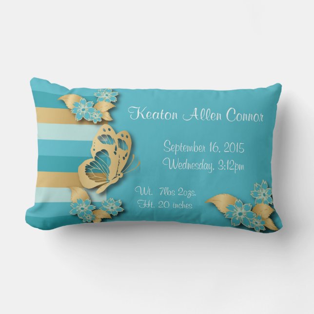 Almofada Lombar Listras azuis & Dourados com as borboletas para o (Frente)