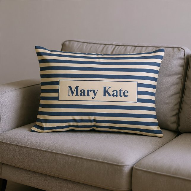 Almofada Lombar Listras Azuis/Vanila Monogramadas (Criador carregado)