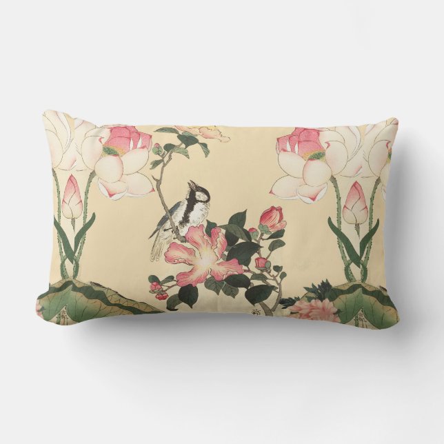 ALMOFADA LOMBAR LITTLE BIRD WITH PINK ROSES AND LOTUS FLOWERS (Frente)
