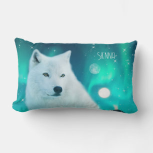 Almofada Lombar Lobo árctico e noite mágica com luzes nortes