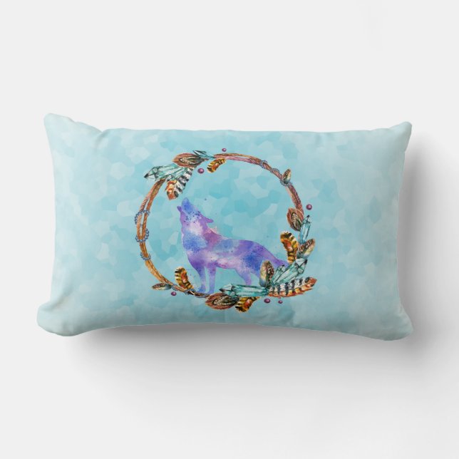 Almofada Lombar Lobo de Aquarelas em Pé de Estilo Boho (Frente)
