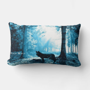 Almofada Lombar Lobo Negro Sozinho na Floresta
