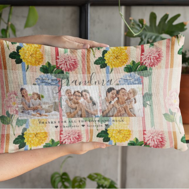 Almofada Lombar Love You Grandma | Floral Three Photo Collage (Criador carregado)