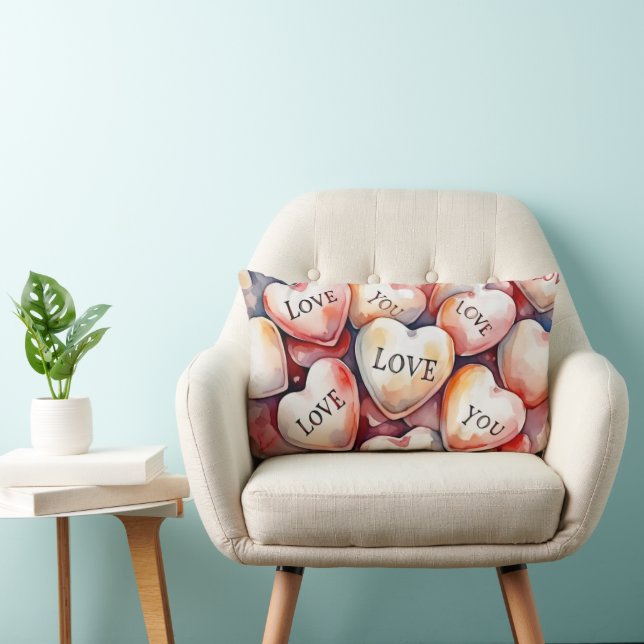 Almofada Lombar Love You watercolor painting hearts romantic gift  (Cadeira)
