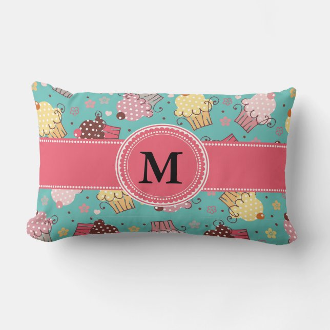 Almofada Lombar Lumbar de Cupcake Rosa Turquesa e Amarelo com Mono (Frente)