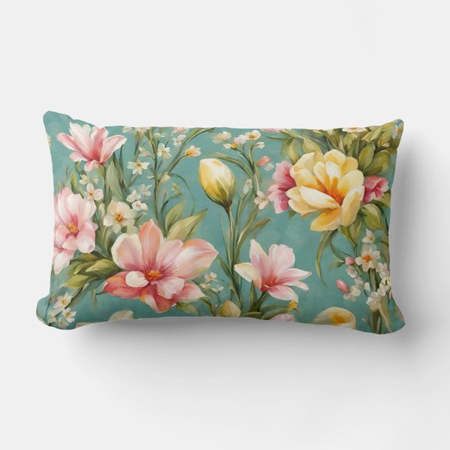 Almofada Lombar Magnólia Amarela refinada com flores brancas (Frente)