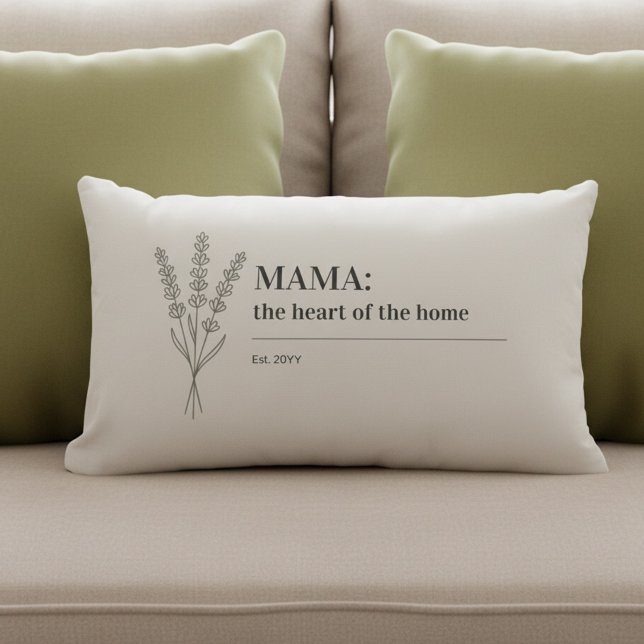 Almofada Lombar Mama Quote Heart of the Home Minimalist (Elegant, neutral, minimalist botanical pillow for Mama: the heart of the home (fully editable))