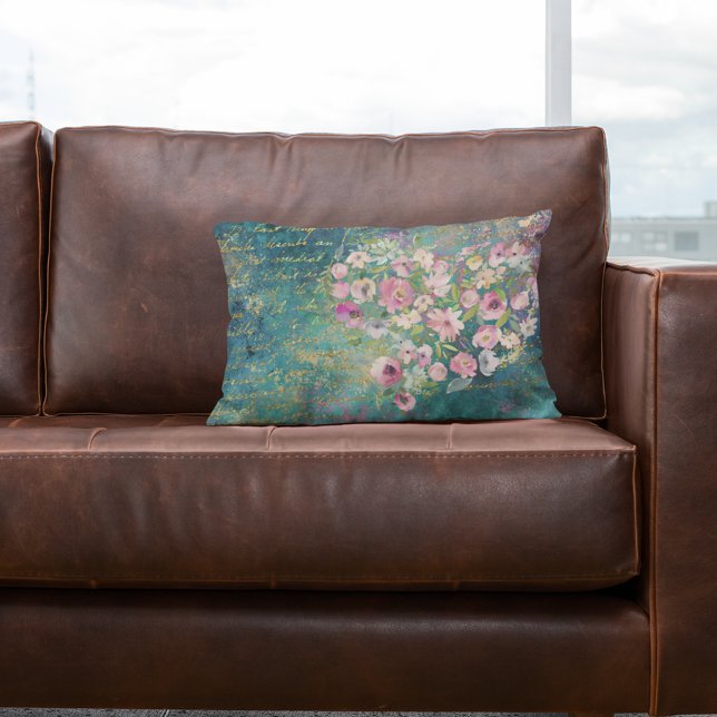 Almofada Lombar Manuscrito Romântico Dourado de Coração Floral (Criador carregado)