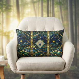 Almofada Lombar Marinho Teal e Floresta Dourada de Luar com Monogr