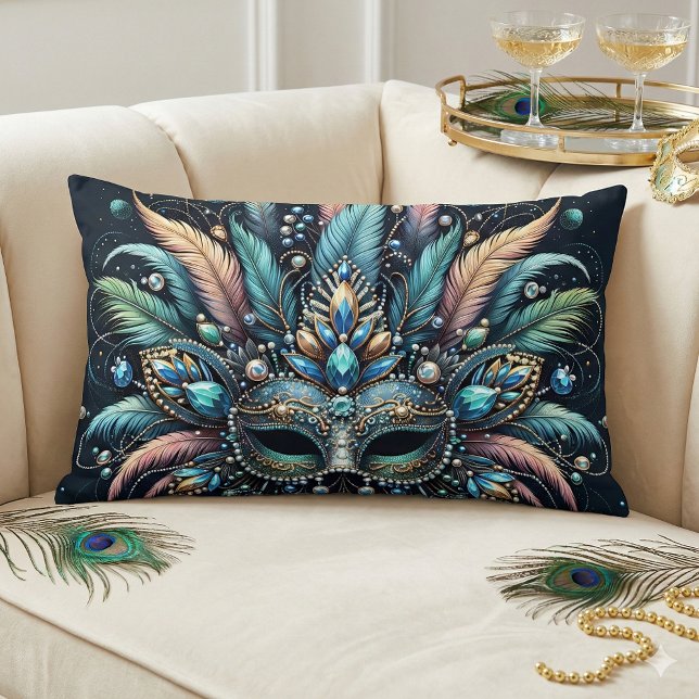 Almofada Lombar Máscara de Joias de Pena de Mascarada Boho (Boho Masquerade Feather Jewel Mask Lumbar Pillow Mockup A)