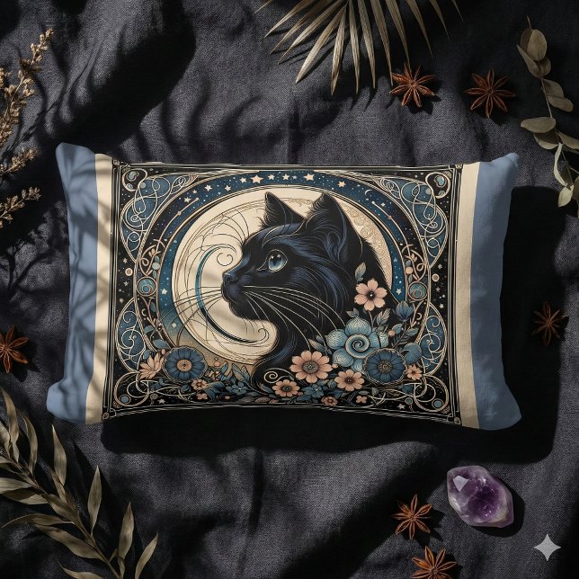 Almofada Lombar Meia-noite, uma lua pejada (Midnight Muse in a Petaled Moon Frame Lumbar Pillow Mockup B)
