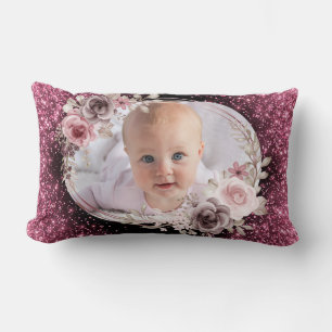 Almofada Lombar Menina Bebê Fofo Rosa Floral Dourado Duas Fotos