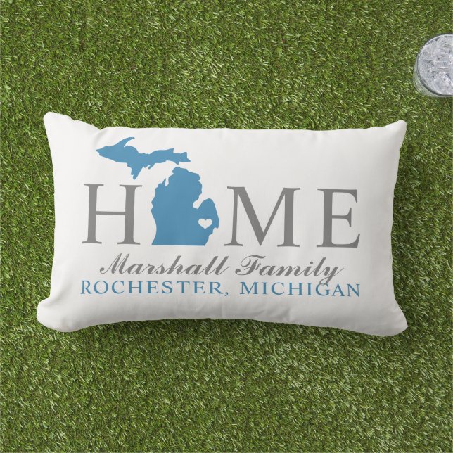 Almofada Lombar Michigan Home Blue e Cinza Custom Family Monograma (Grama)