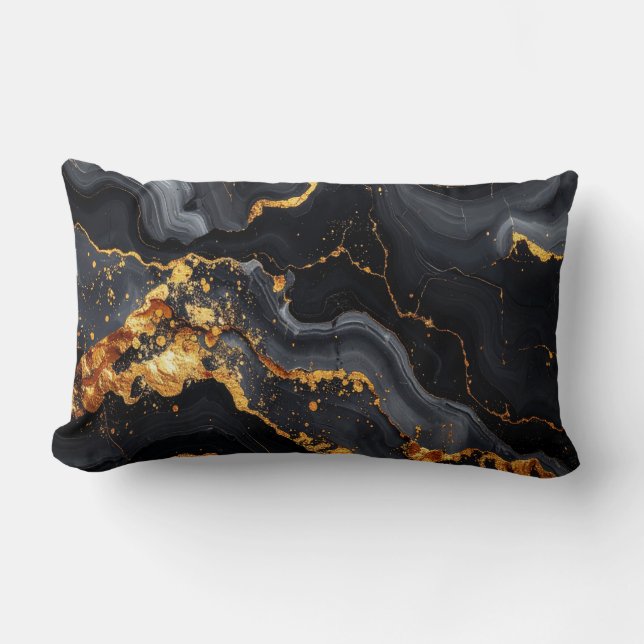 Almofada Lombar Midnight Onyx & Gold Leaf Abstract Pillow (Frente)