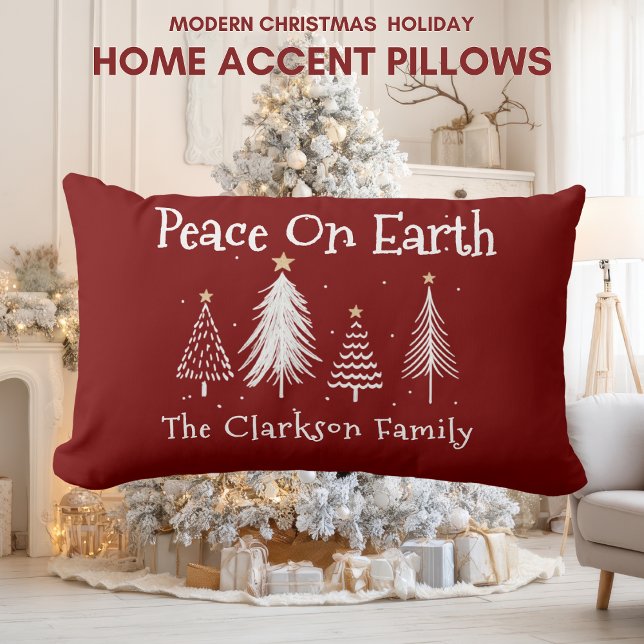 Almofada Lombar Modern Christmas - Family Name - Peace On Earth  (Modern Christmas Holiday - Family Name - Peace On Earth Lumbar Pillow)