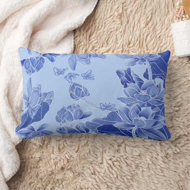 Almofada Lombar Moderna Retro Chinoiserie Blue Lotus Mandala (Cobertor)