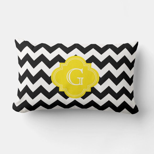 Almofada Lombar Monograma Amarelo Chevron Branco Negro Zig-Zag (Frente)