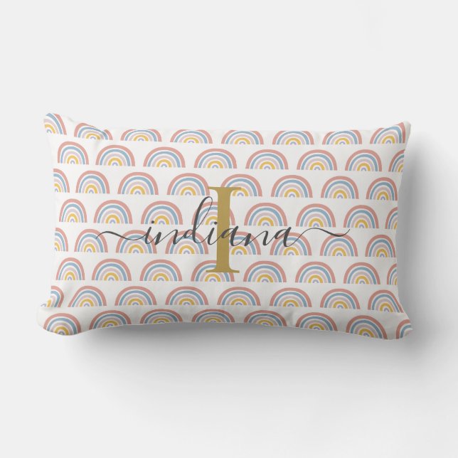 Almofada Lombar Monograma Arco-íris Aquarela Boho Script  (Frente)