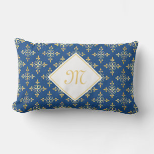 Almofada Lombar Monograma Azul e Dourado Quatre Floral