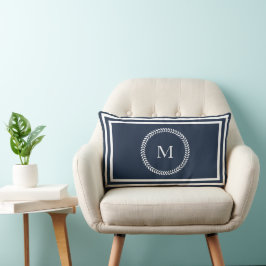 Almofada Lombar Monograma Azul Elegante com Quadro Branco