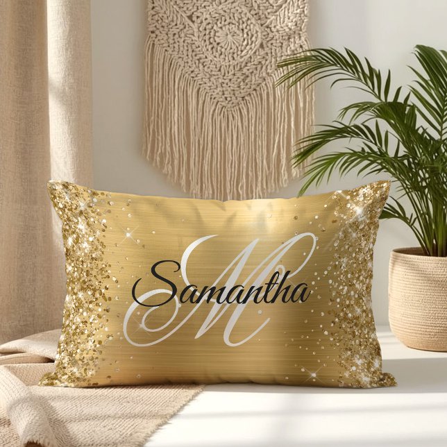 Almofada Lombar Monograma de Glittery Dourado em Seda (Glittery Gold Satin Foil Monogram Lumbar Pillow)