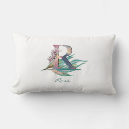 Almofada Lombar Monograma de letra R floral personalizado com aqua