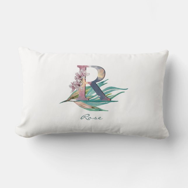 Almofada Lombar Monograma de letra R floral personalizado com aqua (Frente)