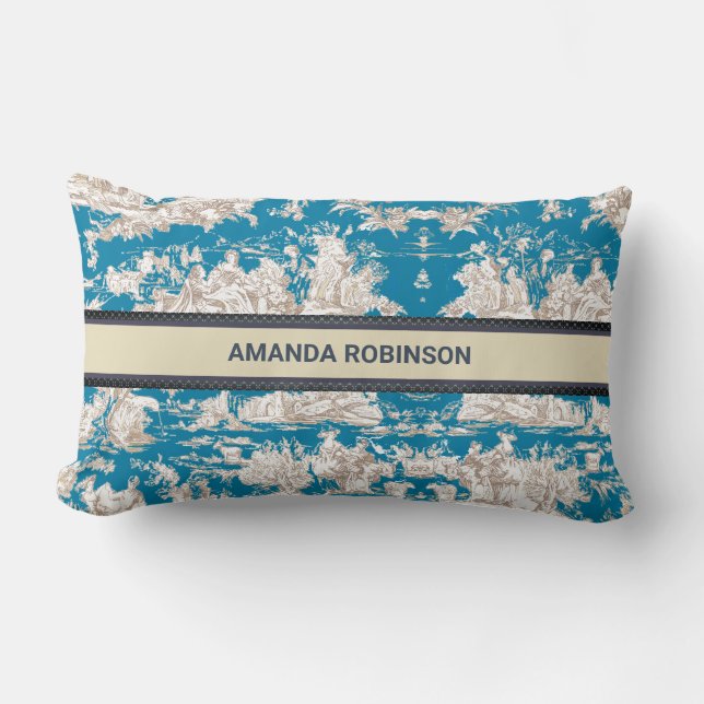 Almofada Lombar Monograma de Torquoise Azul de Jouy (Frente)