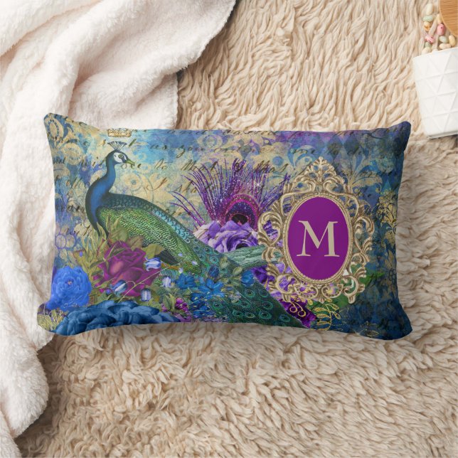 Almofada Lombar Monograma Dourado de Teal Roxo Elegante Peacock (Cobertor)