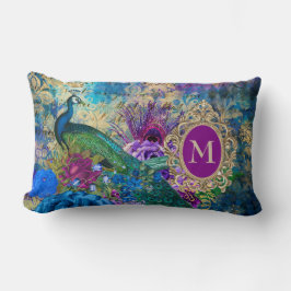 Almofada Lombar Monograma Dourado de Teal Roxo Elegante Peacock