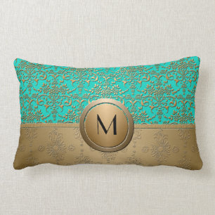 Almofada Lombar Monograma Dourado e Damasco Verde Turquesa