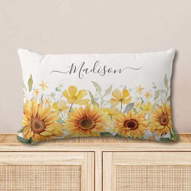 Almofada Lombar Monograma Flor Amarelo Girassol Floral Botânica (In situ)