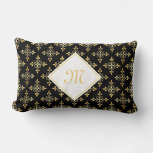 Almofada Lombar Monograma luxuoso preto e Quatre Dourado floral