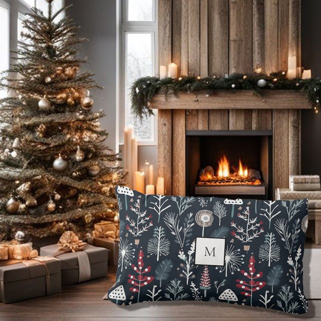 Almofada Lombar Monograma moderno de feriados rústicos Natal (Modern rustic holiday pattern monogram Christmas Lumbar Pillow. Cosy pillow for the Holiday season.)