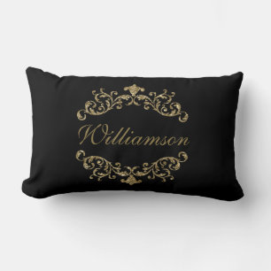 Almofada Lombar Monograma Preto Dourado Glitter Flourish Damask Or