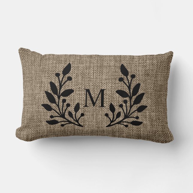 Almofada Lombar Monograma Rustic Farmhouse Burlap Laurels (Frente)